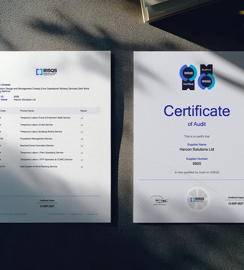 Harcon Solutions RISQS certificate of audit beside its schedule of qualified services